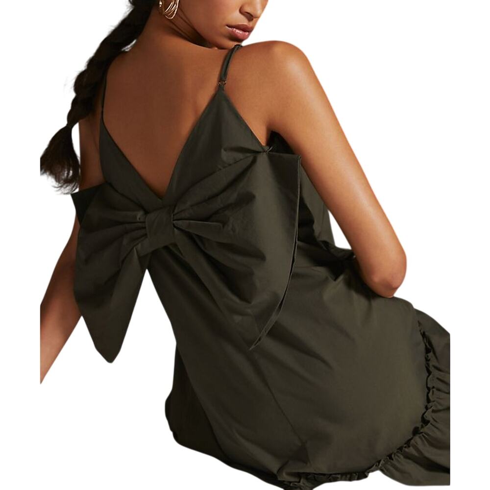 Anthropologie Ruffled Dark Green Bow-Back Midi Dress Size XXS